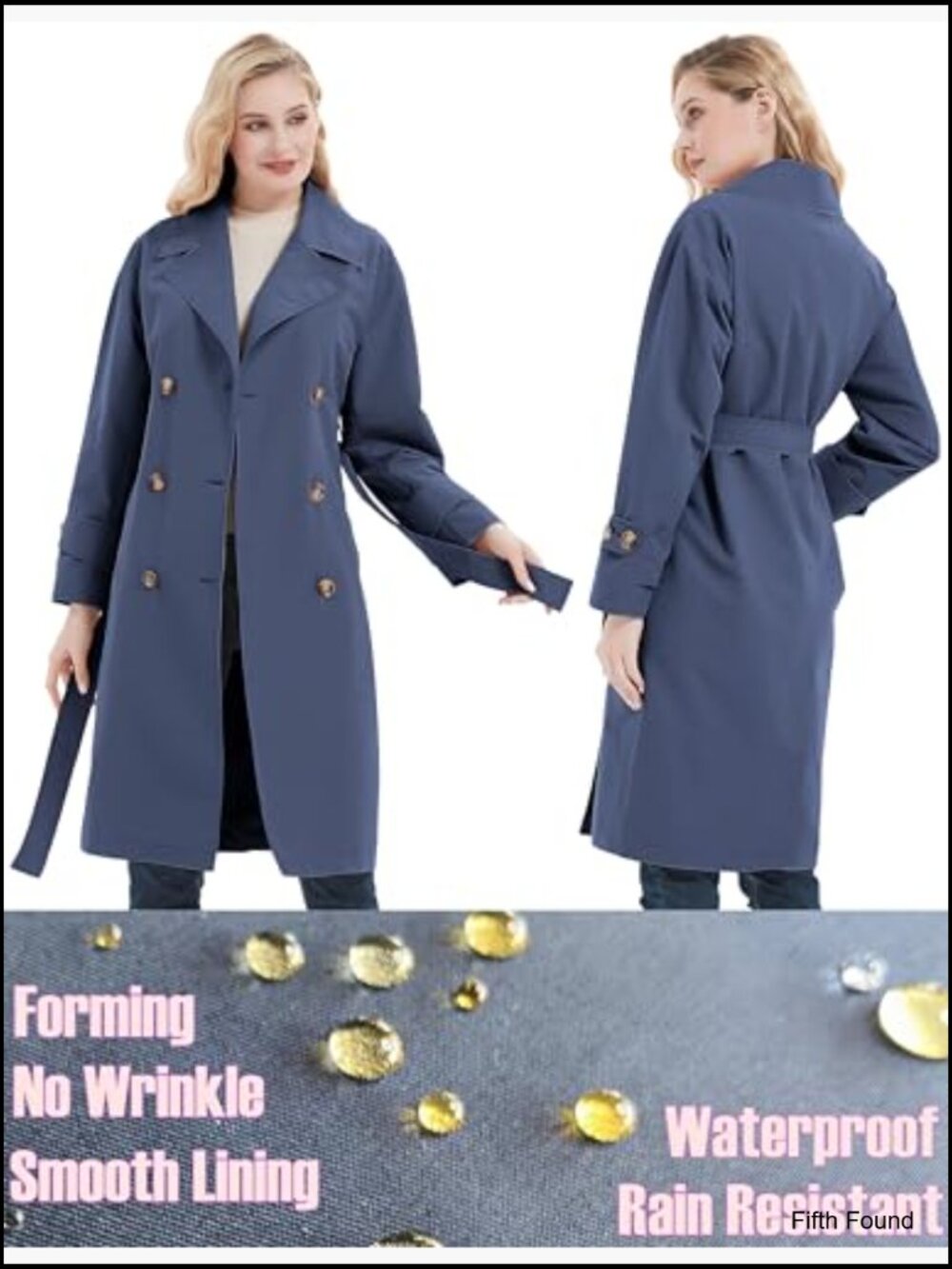 Double-Breasted Trench Coat Belted Water Resistant Casual Business - Picture 4 of 7